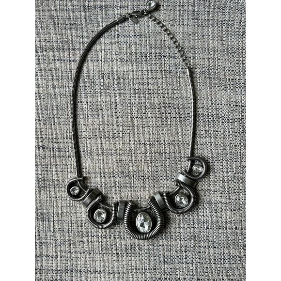Retired Lia Sophia "Coil” Clear Cut Crystals Silver Tone Statement Necklace - Picture 1 of 4
